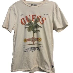 Guess Slim Fit Graphic T-Shirt Cream Palm Tree Gold Foil Logo Womens Medium
